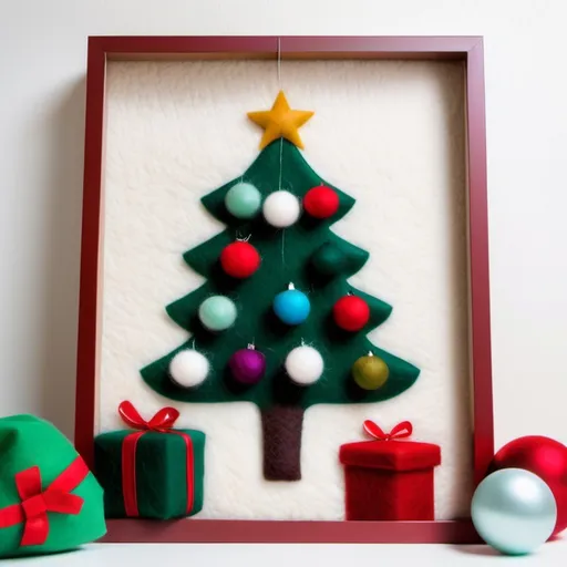Prompt: Wool felt Christmas tree lit with white lights and decorated with multicolor ball ornaments stand in the center of the frame surrounded by cute wool felt Christmas presents wrapped in fuzzy fabric, felt. Christmas. Christmas colors.