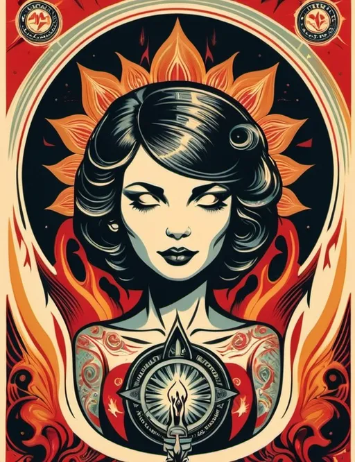 Prompt: Art style of Shepard Fairey.
 Surrealist art movement. 
A dreamscape of imagination that Evokes a feeling of Trust and self worth. An overall sense of happiness about life. 

A self fanning tiny, inner sparks of possibility into flames of achievement showing a sense of movement and enlightenment. surreal. Fantasy. Bright colors. 