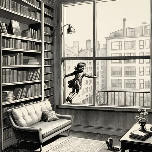 Prompt: Exterior apartment building, girl falling out of the window, interior living room, bookshelve, vintage illustration.