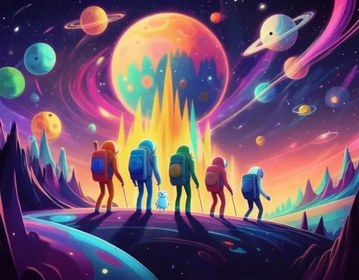 Prompt: Adventure time animation style. Humans engaging in space Exploration. Evokes sense wandering. Human figures shown as wanderers across the universe. Vibrant colors