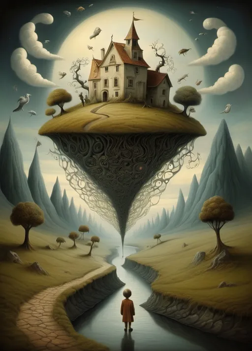 Prompt: Art style of Salvadore Dahli.
 Surrealist art movement. Fantasy. 
A mythical landscape. 
An overall sense of happiness about life. A tiny  man's mind wanders Because it's way too little to be out alone. surreal. Mythological.