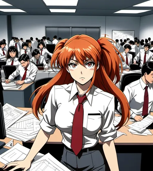 Prompt: Asuka Langley Sohryu anime style.
Set in a chaotic office A happy laughing mischievous white female boss stands amidst a crowded business office where paper, pens, pencils adorn air around co workers 
