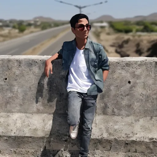 Prompt: Against a sunny, clear sky, a young man leans casually against a concrete barrier along a rural road, exuding a relaxed and confident vibe. Dressed in a light denim jacket over a plain white t-shirt and gray jeans, he pairs his outfit with stylish sunglasses that reflect the bright daylight. The background features an empty road stretching into the distance, flanked by dry landscape and distant hills, hinting at a serene, warm afternoon. The composition captures a moment of laid-back youthfulness, framed by the tranquil yet expansive surroundings. The sunlight casts soft shadows, enhancing the casual and effortless style of the scene while evoking a sense of adventure and freedom.