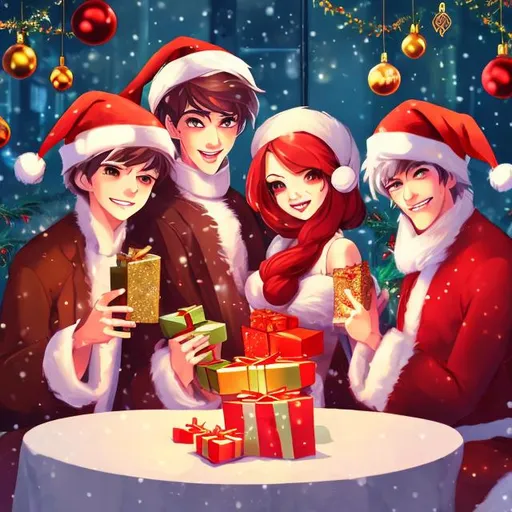 Prompt: Character illustration of 4 anime-style characters in a Christmas setting 3 Men 1 WOMAN, warm lighting, festive atmosphere, opening presents, singing, cozy, holiday theme, detailed facial, warm tones, anime, cozy atmosphere, warm lighting, Christmas, festive attire, joyful expressions. FADE BACKGROUND 