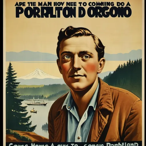 Prompt: Poster of a man coming home to Portland Oregon 