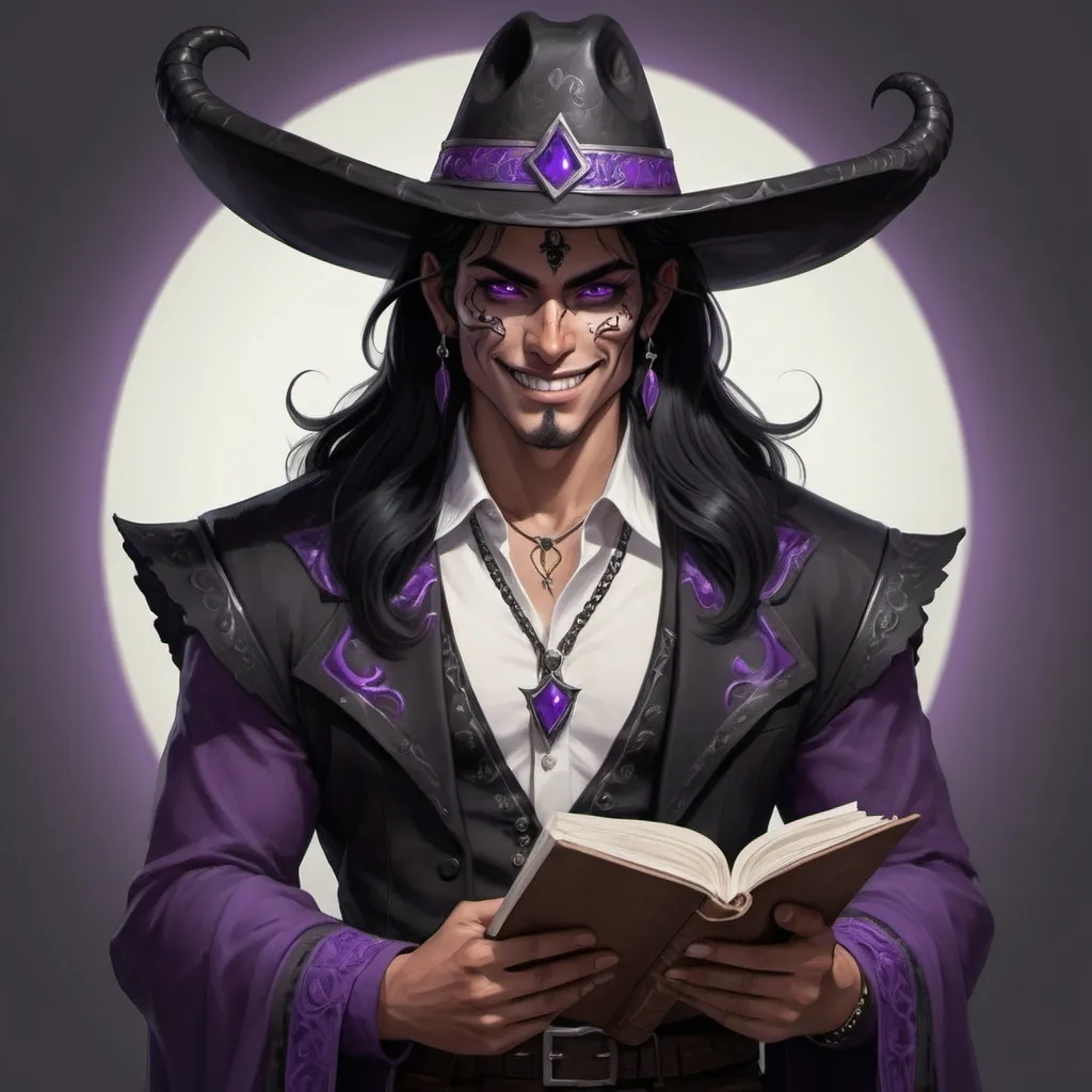 Prompt: Male guardian demon. Mexican core. Charming. He has long black hair, a pair of swept-back horns, and violet eyes. He has a flirty yet warm smile. His clothes are elegant and similar to those of Los charros. He wears a black witch's hat and carries a journal