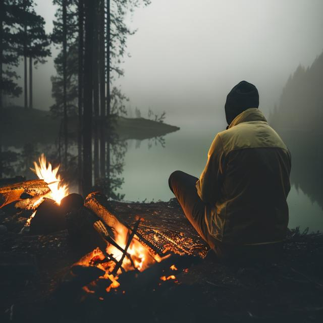 Prompt: lonely man sitting by small campfire in a forest by a foggy lake
