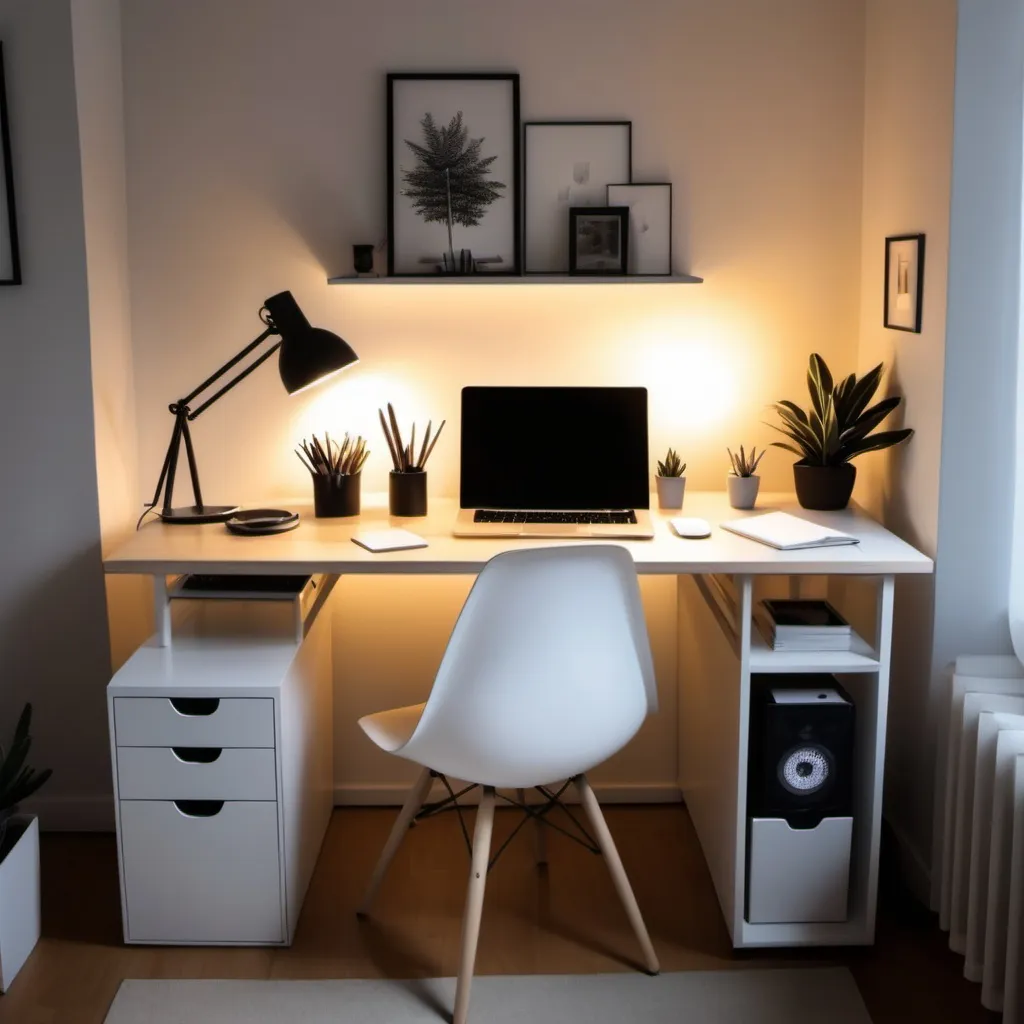 Prompt: Un bureau propre, �pur�e. avec ordinateur portable mis en avant. La pi�ce dans lequel est le bureau doit �tre lumineux avec une ambiance douce et propice pour le travail