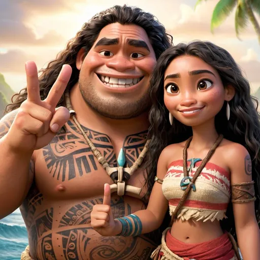 Prompt: imagine a rendition of Disney's 
Moana and Maui holding up two  fingers 