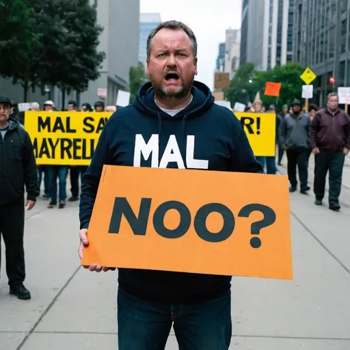 Prompt: Man is protesting. He is holding a sign. Sign says MAL SAYS NO!!