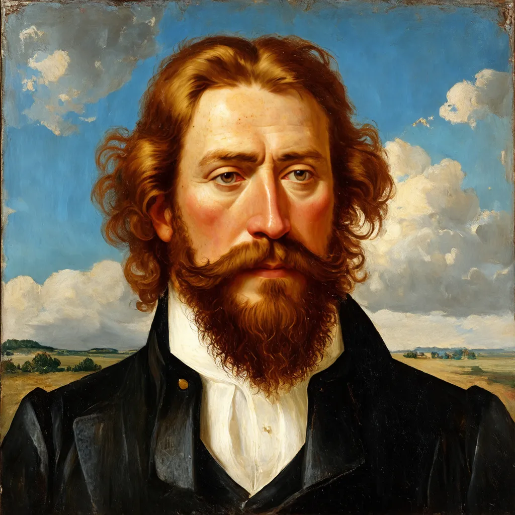 Prompt: A 17th century high quality painting of a middle with a tall and commanding presence. His skin is golden hue that is tanned but fair with pink lips, reflecting years of toiling under the sun. His face has dimples

His eyes are a hazel and plenty of freckles. His long wavy, copper hair with a bushy mustache and beard 

