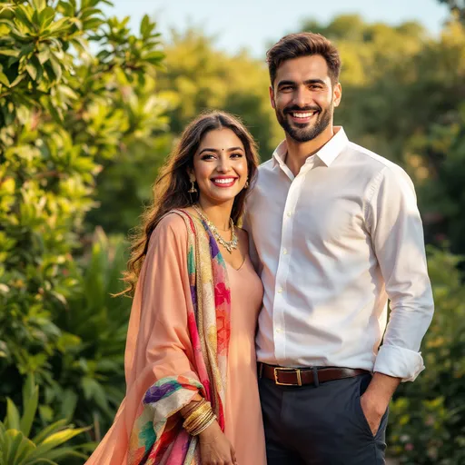 Prompt: Basking in the warm glow of late afternoon sunlight, a joyful couple stands side by side in a lush garden filled with vibrant greenery. The woman, wearing a flowing, peach-toned dress embellished with soft fabric draping and a colorful scarf, beams with a broad smile, radiating warmth and happiness. Next to her, the man sports a crisp white shirt tucked into dark trousers, his confident demeanor complemented by a slight grin. Behind them, flourishing trees and assorted plants frame the scene, blending harmoniously with the clear blue sky, enhancing the atmosphere of a cheerful gathering or celebration. The overall mood is one of happiness and connection, capturing a moment of togetherness in a serene outdoor setting.