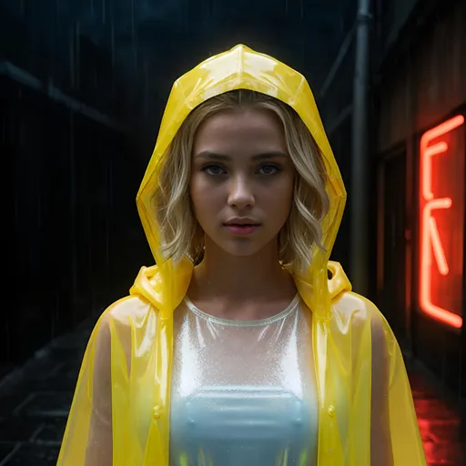 Prompt: 64k, close-up photorealistic dark raining alley, neon lit alley, industrial lighting, wet pretty blonde Caucasian girl,  wearing bright yellow transparent latex with hood and a blight blue transparent poncho, heavily raining