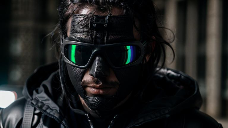 Prompt: 64k photorealistic close-up man wearing a full facemask made of ridged black metal with goggles all in black. 
