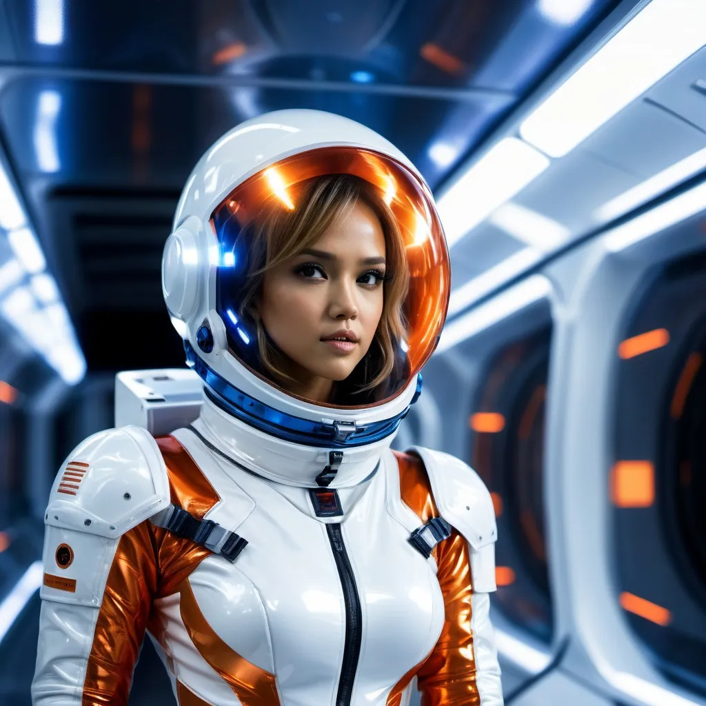 Prompt: Woman resembling Jessica Alba, Yoji Shinkawa-style space suit, form-fitting latex, cybernetic enhancements, reflective helmet, dramatic tense pose, spaceship corridor, white panels, reflective windows, orange lighting, volumetric cinematic lighting, red giant planet view through window, cool white and blue LED lights