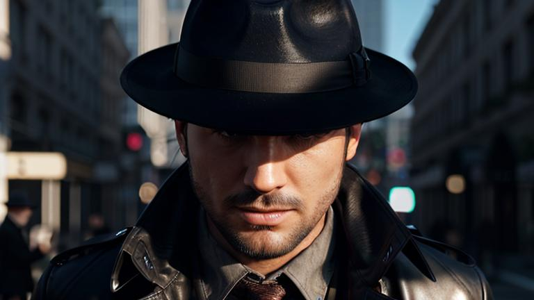 Prompt: 64k photorealistic close-up a mysterious person standing in front of you, facing you with his fedora tilted down so you cant see his face, wearing a trench coat and fedora covering every part of their body, with their hands in their pockets, and a devils tail coming out from underneath the trench coat. 
