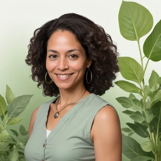 Prompt: Title: Buyer Persona: Maya Green

Description:

Generate an illustration of Maya Green, the ideal client for Minsyam, a holistic health and wellness brand led by Dr. Zarina. Maya is a 38-year-old sustainability consultant and a passionate advocate for holistic living. She is deeply committed to maintaining a healthy and balanced lifestyle for herself and her family.

Appearance:

Gender: Female
Age: 38
Occupation: Sustainability Consultant
Education: Master's degree in Environmental Science
Marital Status: Married with two children
Attire: Professional attire reflecting her role as a consultant, with subtle elements of nature and sustainability (e.g., earthy colors, natural fabrics)
Personality:

Warm and compassionate expression, reflecting Maya's caring nature and commitment to well-being.
Confident posture, symbolizing her dedication to her work and personal values.
Thoughtful demeanor, suggesting her deep interest in holistic health and sustainability.
Environment:

Background: A serene and natural setting, such as a lush garden or eco-friendly home environment, highlighting Maya's connection to nature and sustainable living.
Surroundings: Include elements related to holistic health and wellness, such as plants, herbal remedies, natural skincare products, and family-friendly activities.
Additional Notes:

Emphasize Maya's passion for holistic living and sustainability in her appearance and surroundings.
Use warm and inviting colors to evoke a sense of harmony and well-being.
Ensure the illustration captures Maya's authenticity, empathy, and dedication to her values.