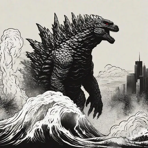 Prompt: Godzilla silhouette, black and white tattoo 