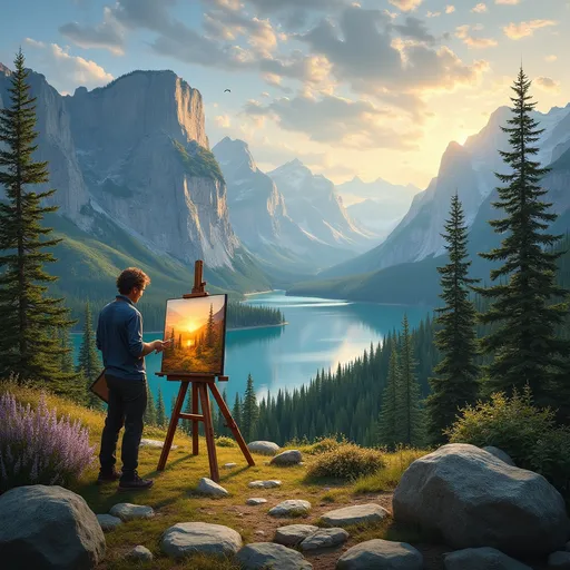 Prompt: الفنان يرسم صوره للمنظر طبيعي خلاب