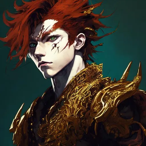 Prompt: Half body portrait of a androgynous young red haired human with dragon eyes, red, green and gold ornate robe. In style of Yoji Shinkawa and Hyung-tae Kim, trending on ArtStation, dark fantasy, great composition, concept art, highly detailed.
