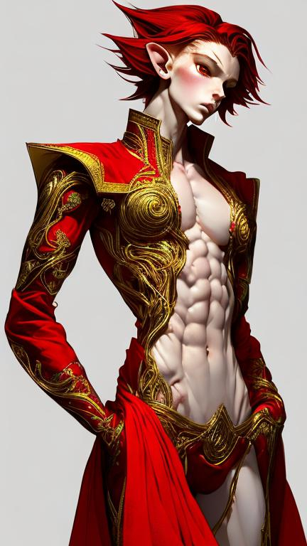 Prompt: Body portrait of an androgynous young red haired elf red and gold ornate robe. In style of Yoji Shinkawa and Hyung-tae Kim, trending on ArtStation, dark fantasy, great composition, concept art, highly detailed.
