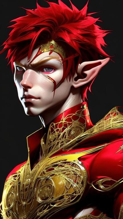 Prompt: Body portrait of an androgynous young red haired elf red and gold ornate robe. In style of Yoji Shinkawa and Hyung-tae Kim, trending on ArtStation, dark fantasy, great composition, concept art, highly detailed.
