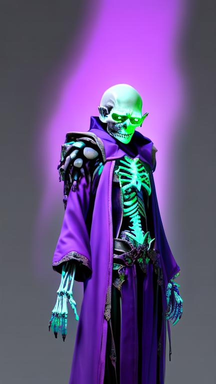 Prompt: Body portrait of an undead skeletal gnome lich in a purple and green robe. In style of Yoji Shinkawa and Hyung-tae Kim, trending on ArtStation, dark fantasy, great composition, concept art, highly detailed.
