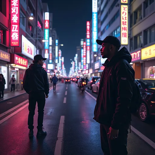 Prompt: AI Street Scene Shorts Strategy (with Voiceovers + Sound Ideas)
1. Neon Tokyo Night
Hook (on-screen text/voiceover): “What if Snoop and Cube were vibin’ in cyberpunk Tokyo?”

Voiceover idea: “Straight outta 2099 — the OGs just upgraded.”

Sound: Use a slowed + reverb edit of “Still D.R.E.” or a trending phonk beat (search “Tokyo Drift phonk”).

Extra: Add anime-style glitch transition at start.