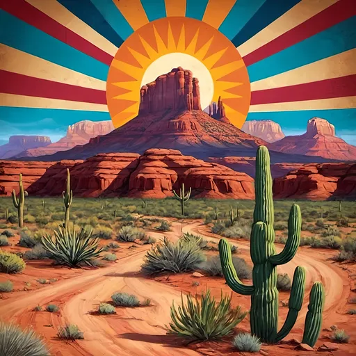Prompt: I need a colorful mural wall image that is Arizona themed. Can have influence of Native American Patterns, Snake Patterns, Route 66 sign, Sedona Mountain Valley Formation, Cow Skull.

This should be a very horizontal image and can have multiple image panels and sections broken up with various patterns and scenes.