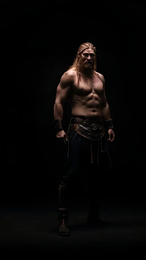 Prompt: color the intense presence of a male Viking warrior, the Viking has powerful stance, background dark neon, cinematic portrait, neon colors, 3 point lighting, photograph

