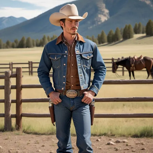 Prompt: Photorealistic full-body view of a lusty cowboy on a ranch in Montana, wearing an unbuttoned blue denim wrangler jacket, brown riding chaps, by Colt Studios