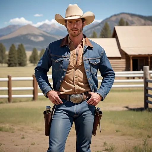 Prompt: Photorealistic full-body view of a lusty cowboy on a ranch in Montana, wearing an unbuttoned blue denim wrangler jacket, brown riding chaps, by Colt Studios