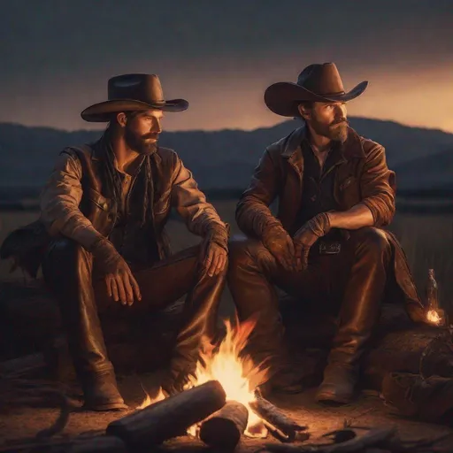 Prompt:  two cowboys with a short beard wearing leather pants, leather gloves, leather shirt, bandana, sitting at a campfire at dusk, smoking a cigarette, rugged western style, high quality, realistic, warm lighting, detailed textures, dramatic composition, classic cowboy