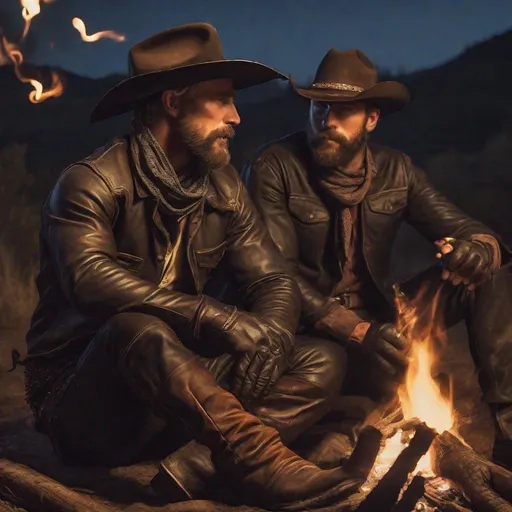 Prompt:  two cowboys with a short beard wearing leather pants, leather gloves, leather shirt, bandana, sitting at a campfire at dusk, smoking a cigarette, rugged western style, high quality, realistic, warm lighting, detailed textures, dramatic composition, classic cowboy