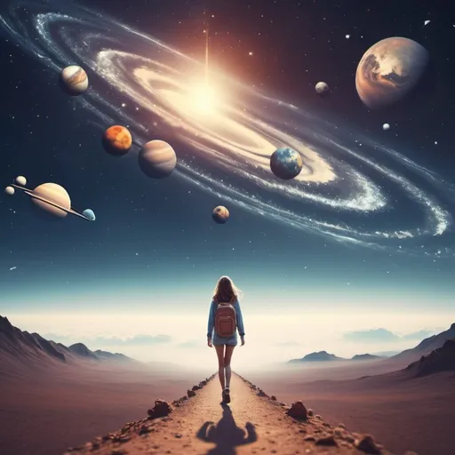 Prompt: Girl Traveller walking on the universe