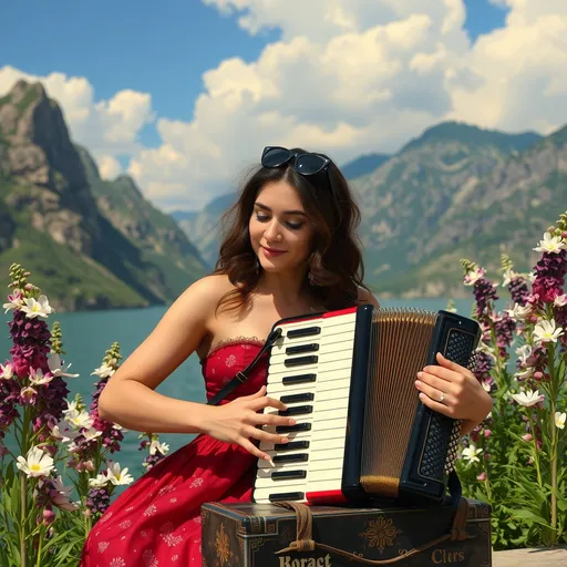 Prompt: Une femmes qui joue de l'accordéon au paradis