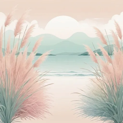 Prompt: A background for a wedding invitation. Dreamy, pastel colors, pampas grass, reeds, island style, sea, waves, minimal.