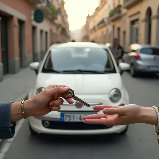 Prompt: peux-tu générer une image HD pour un écran e paper 16/9 en paysage, le sujet est une publicité pour une banque avec une fiat 500 en arrière plan et la main d'un personnage qui donne la clé de la voiture à une autre main d'un autre personnage.