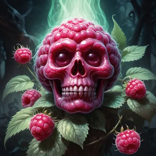 Prompt: Ghostly raspberry. Fading away raspberry. Spectral raspberry. Ethereal raspberry. Magic the gathering art style. interior haunted mansion background.