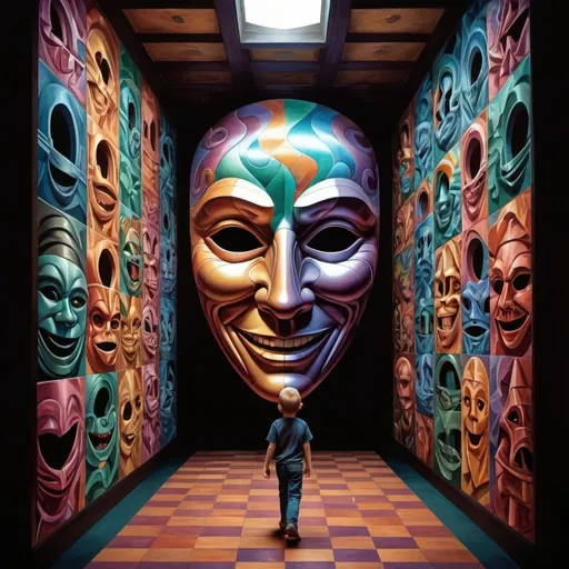 Prompt: Infinite hallway. Confusing shifting staircases. M.C. Escher art style. Large smiling theatre mask on a child. Iridescent architecture. Colourful. Intimidating. Darker image. magic the gathering art style. 