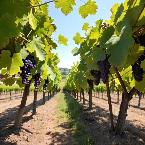 Prompt: 
A vineyard with purple grapes and undergrowth spread out under the trees