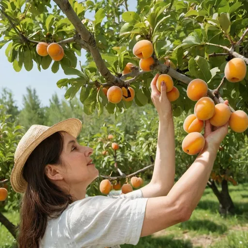 Prompt: 
A woman picking apricots right from the tree
