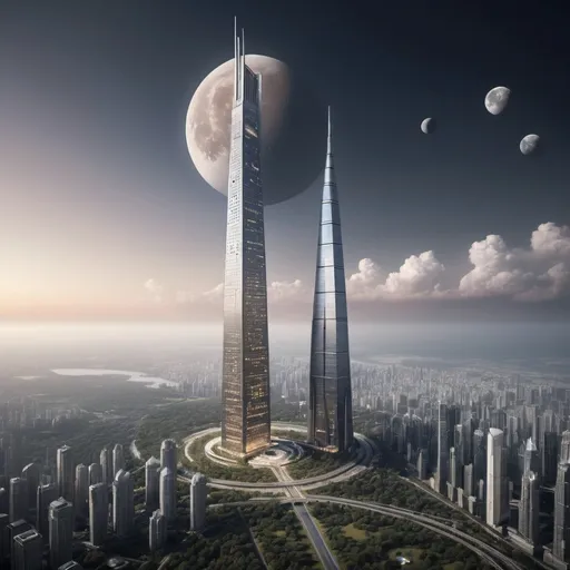 Prompt: The tallest skyscraper you can imagine, spanning from a planet, all the way to its moon