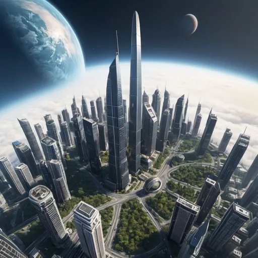 Prompt: A city planet with skyscrapers that reach the stratosphere