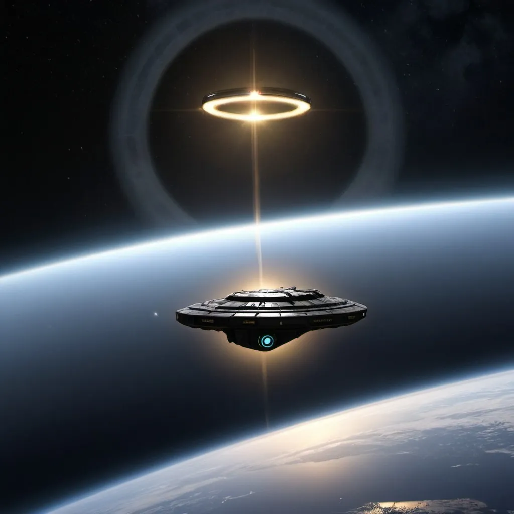 Prompt: A Halo ring 10,000 kilometers in diameterwith a single UNSC Pelican docked and a Covenant fleet approaching