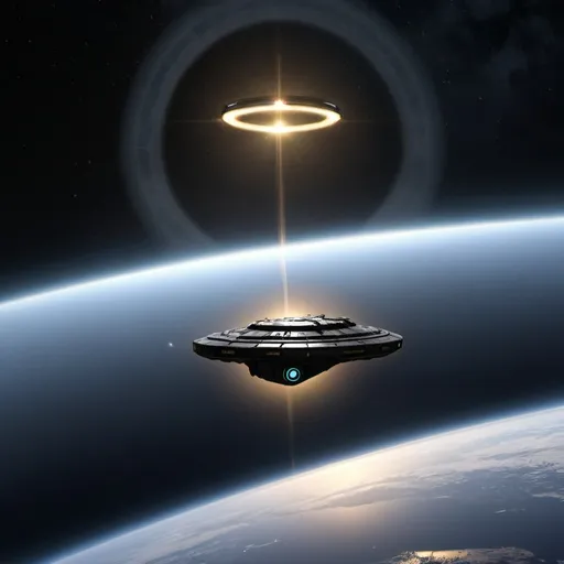 Prompt: A Halo ring 10,000 kilometers in diameterwith a single UNSC Pelican docked and a Covenant fleet approaching