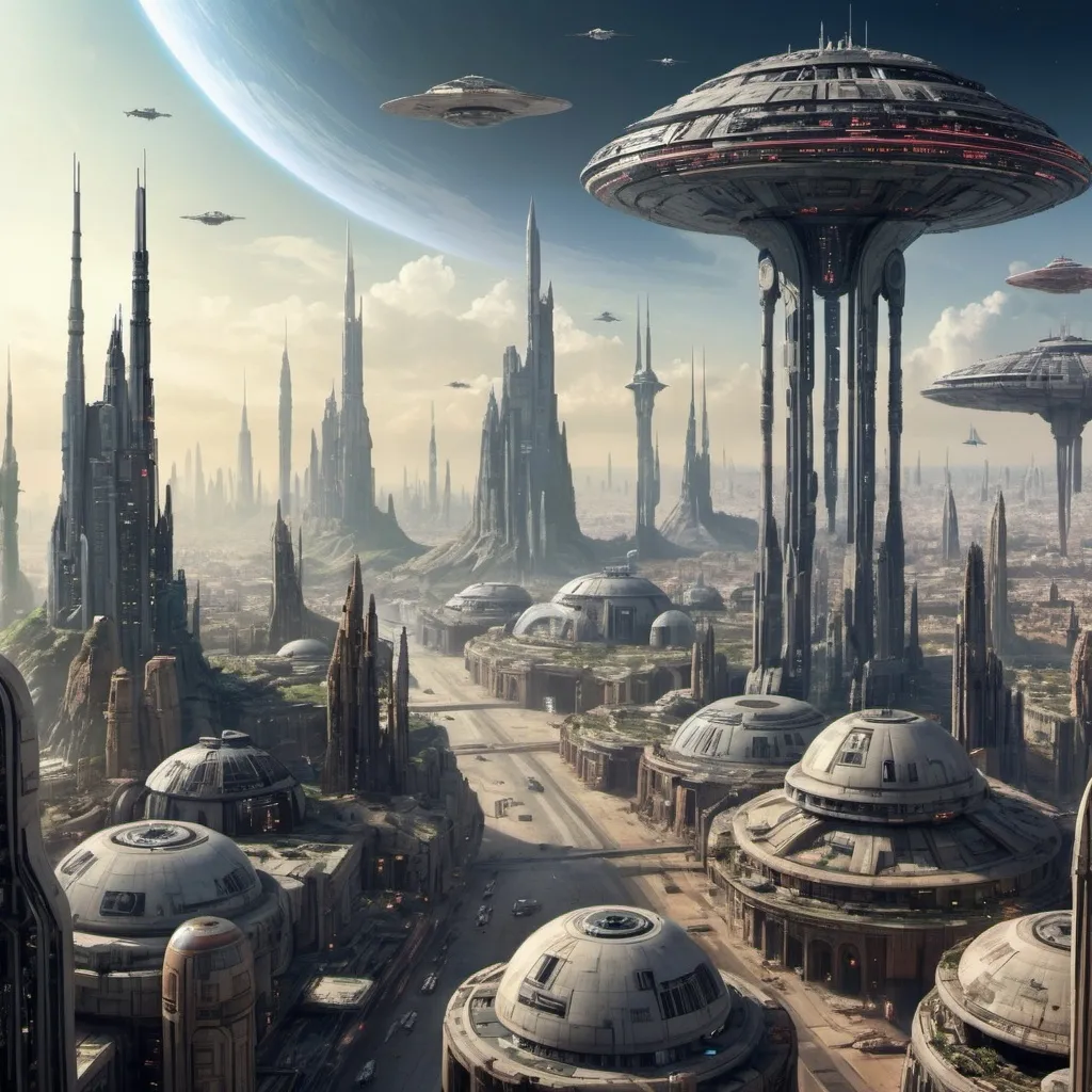 Prompt: A cityscape on Earth if it has the technology of Star Wars