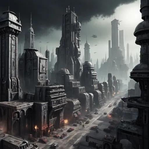 Prompt: A cityscape based off Warhammer 40k