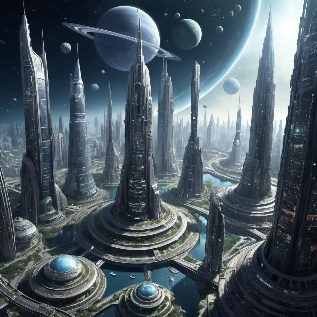 Prompt: A city the has used all available resources in its galaxy and is more urban than Metropolis