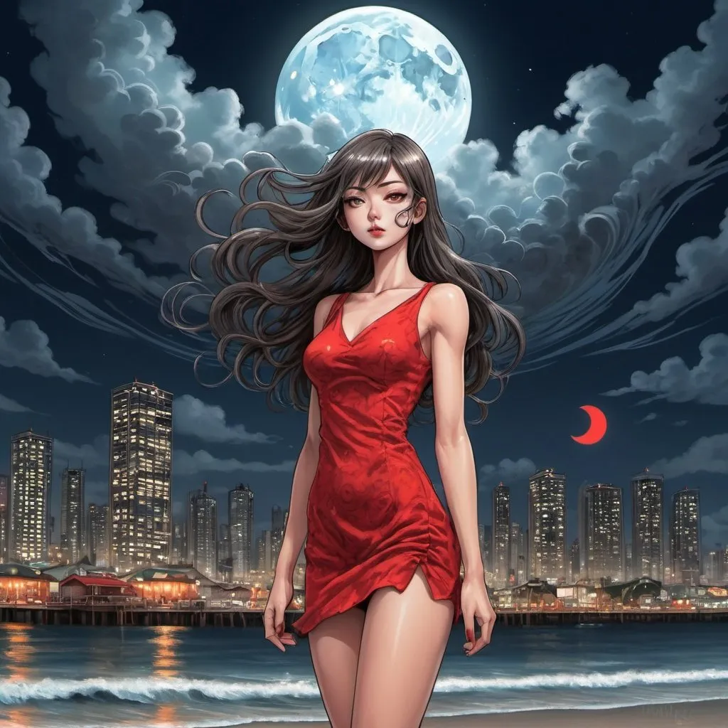 Prompt: a woman that is standing in the beach, long hair, city lights buidings backgroud, digital art, junji ito style, harmony of swirly clouds, ship, night, moon,muscle legs,  full  body of Tomie  with high heels, red dress, trending at cgstation, waves, under clouds, finely illustrated face, painting of beautiful, wind swept